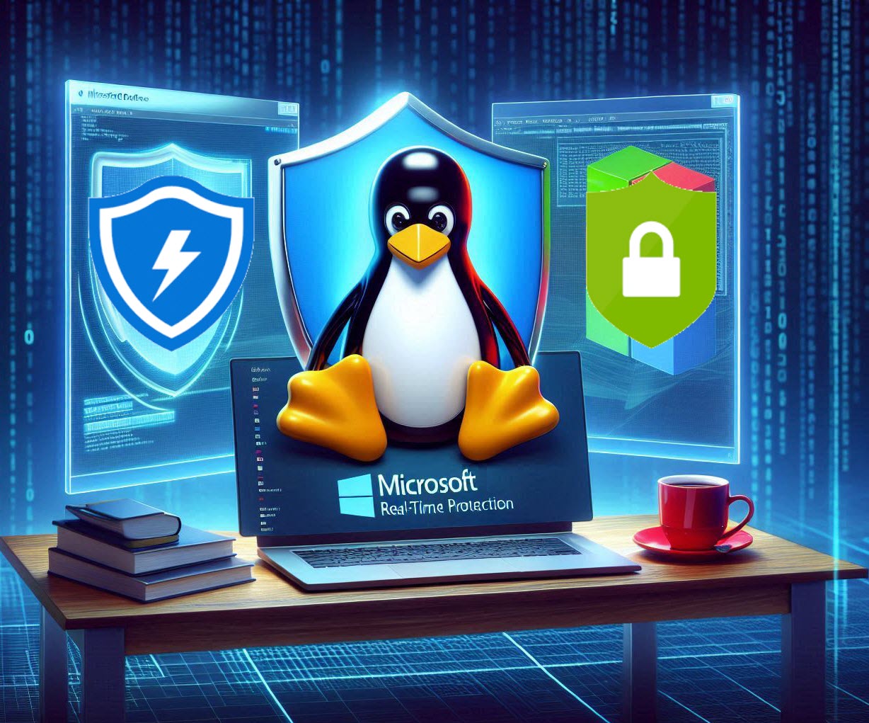 A penguin sitting on a laptop computer flanked by the Defender for Endpoint and Defender for Cloud logos.